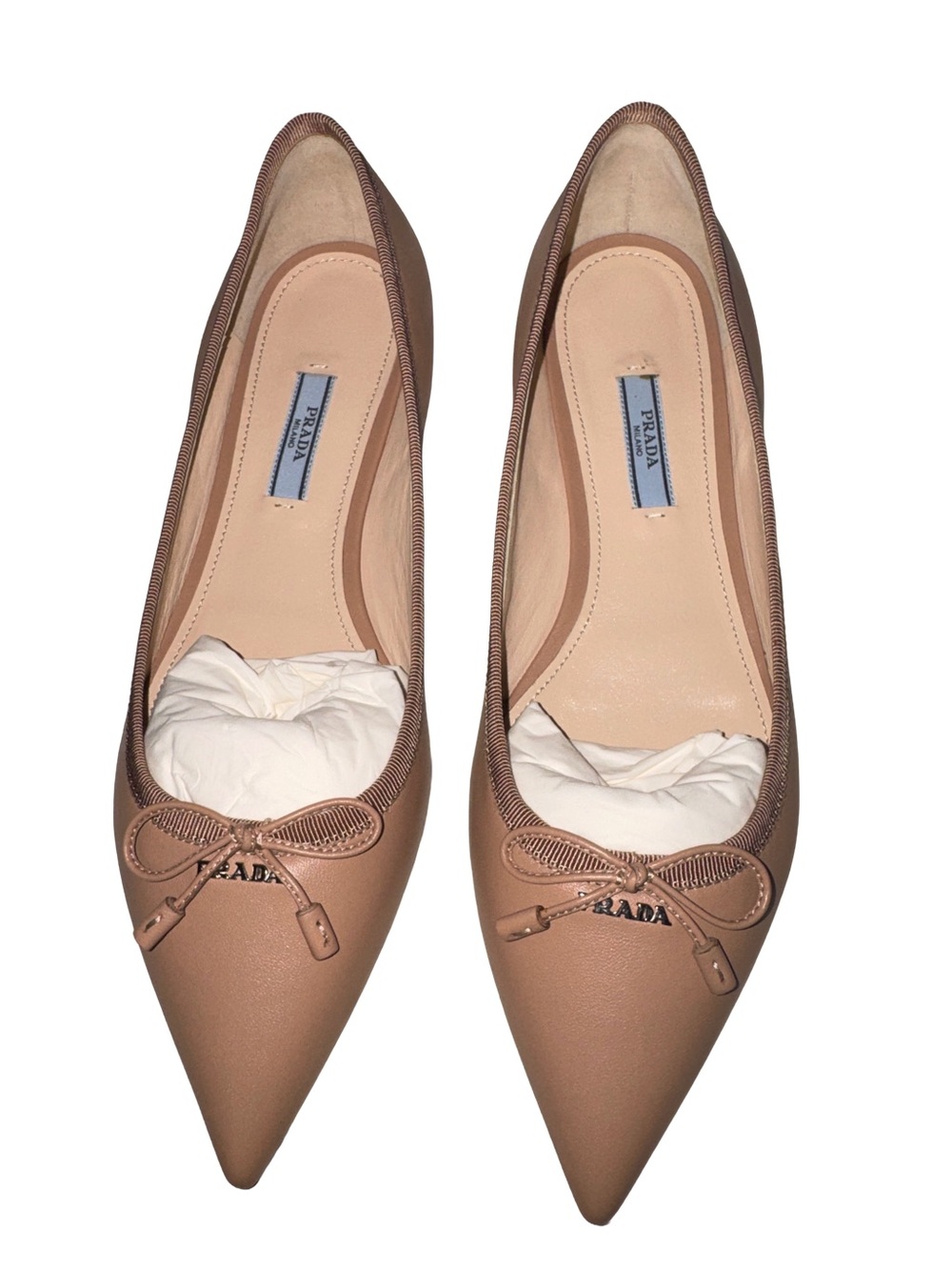 Prada nude Pointed Leather Bow Ballet Flats 7.5